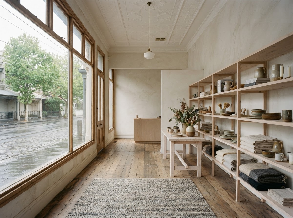 Inside the Fitzroy store: limewashed walls, timber shelves of folded linen and stoneware, a leafy street of terraces visible through the window