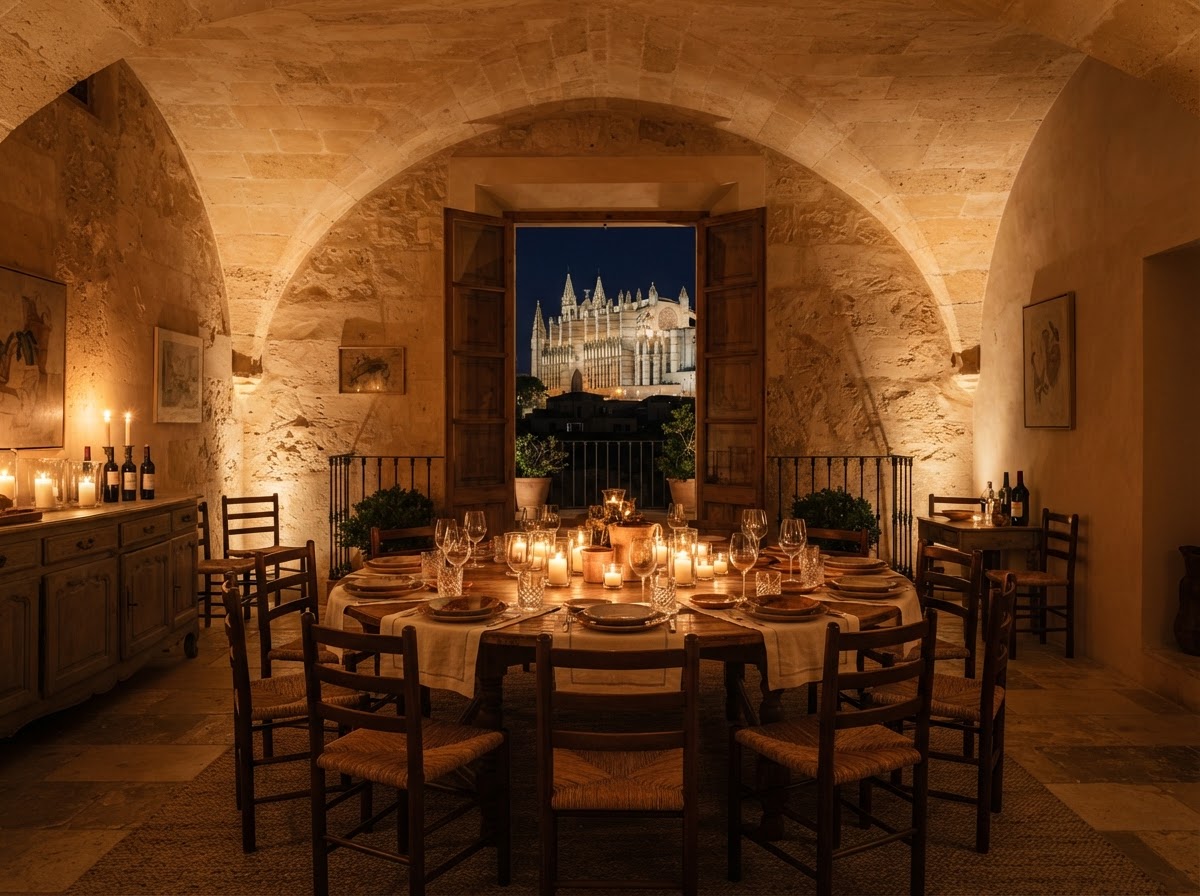 The private dining room under a vaulted sandstone ceiling, a round table for twelve lit by candles