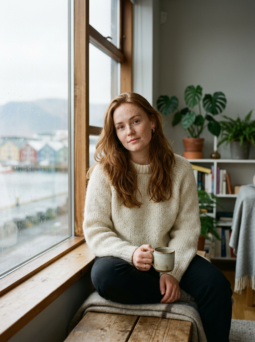 A freckled young woman in a cream sweater sitting by a window in soft daylight.