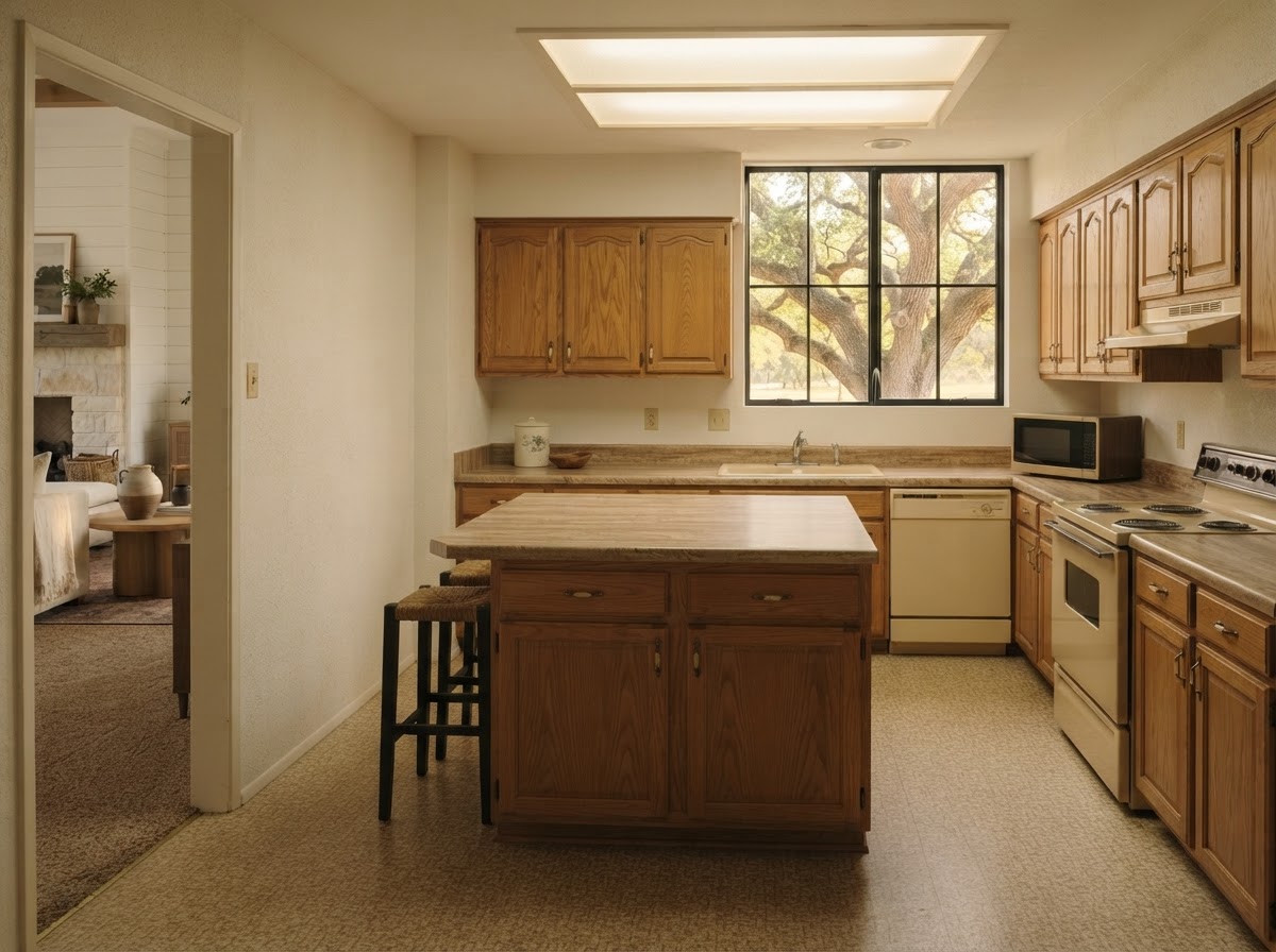 Before: a cramped 1980s kitchen with honey-oak cabinets, beige laminate counters and a fluorescent light box.