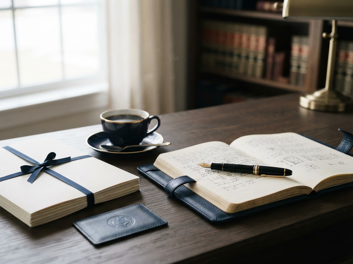 A lawyer's desk with a fountain pen, leather notebook and neatly bound documents