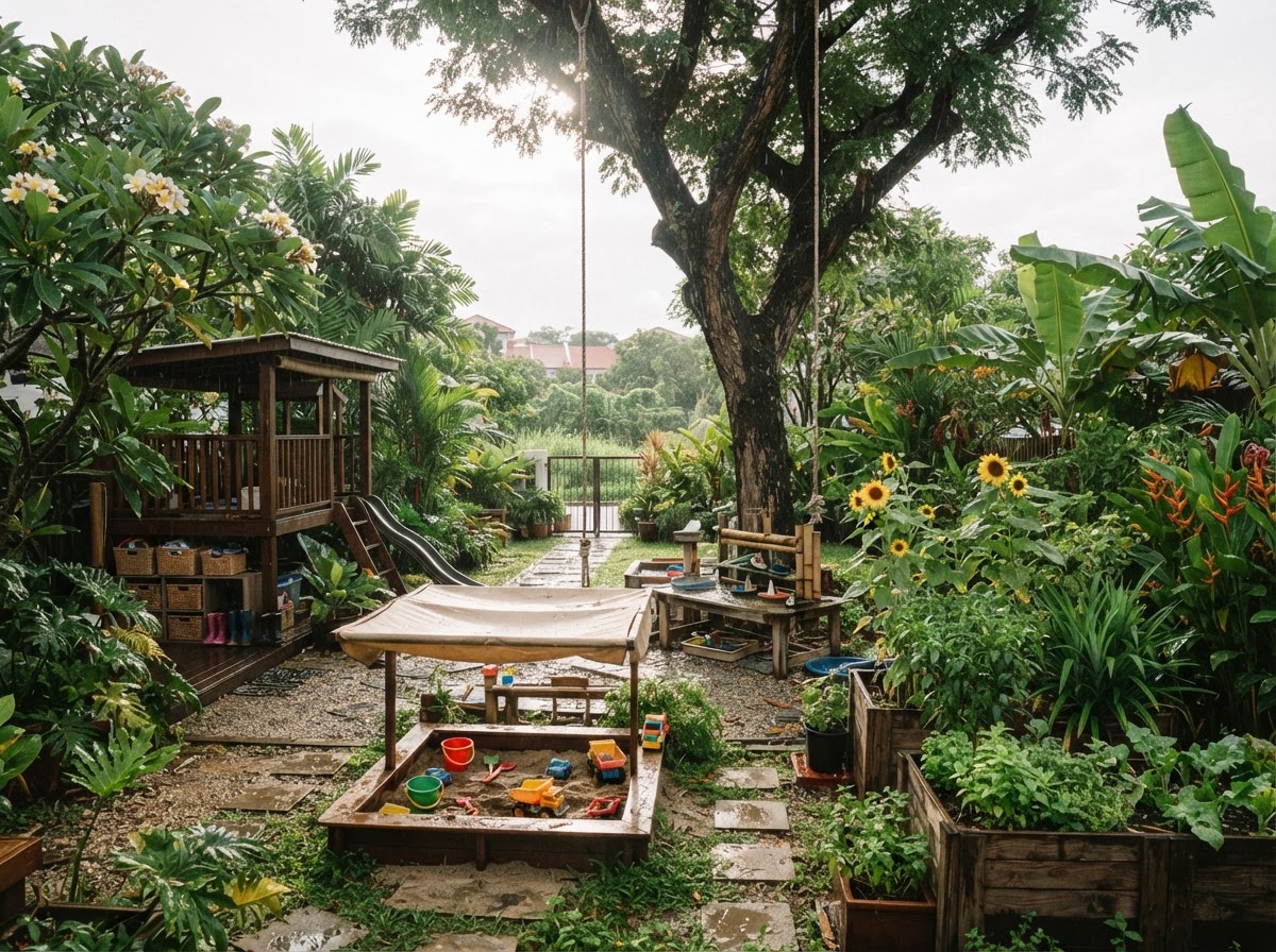 Lush preschool garden with a shaded sandpit, planter beds of sunflowers and a rain tree with a rope swing