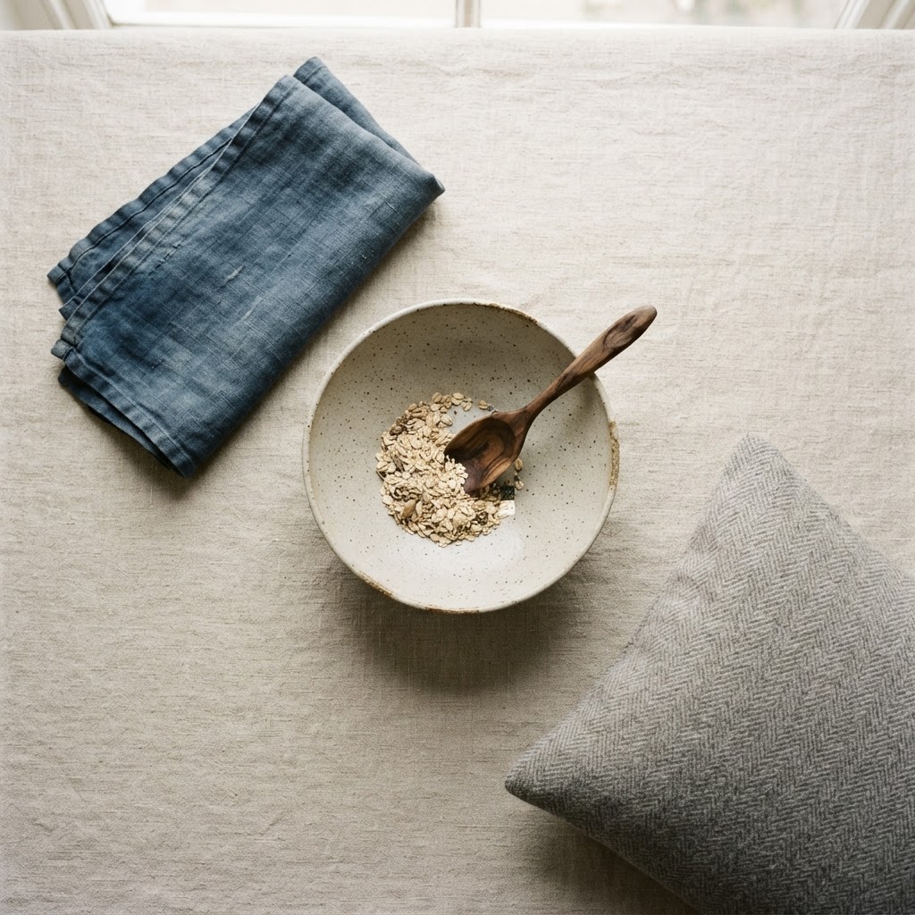 Flat lay of an indigo linen tea towel, oat stoneware bowl, blackwood spoon and grey herringbone cushion cover