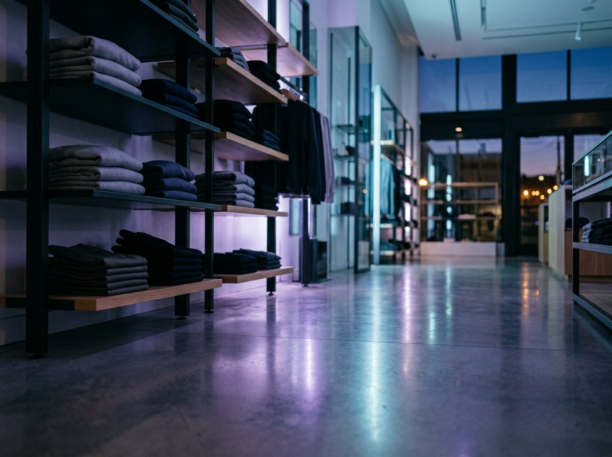 A modern apparel store at dusk with cool, softly lit shelving and a polished concrete floor.