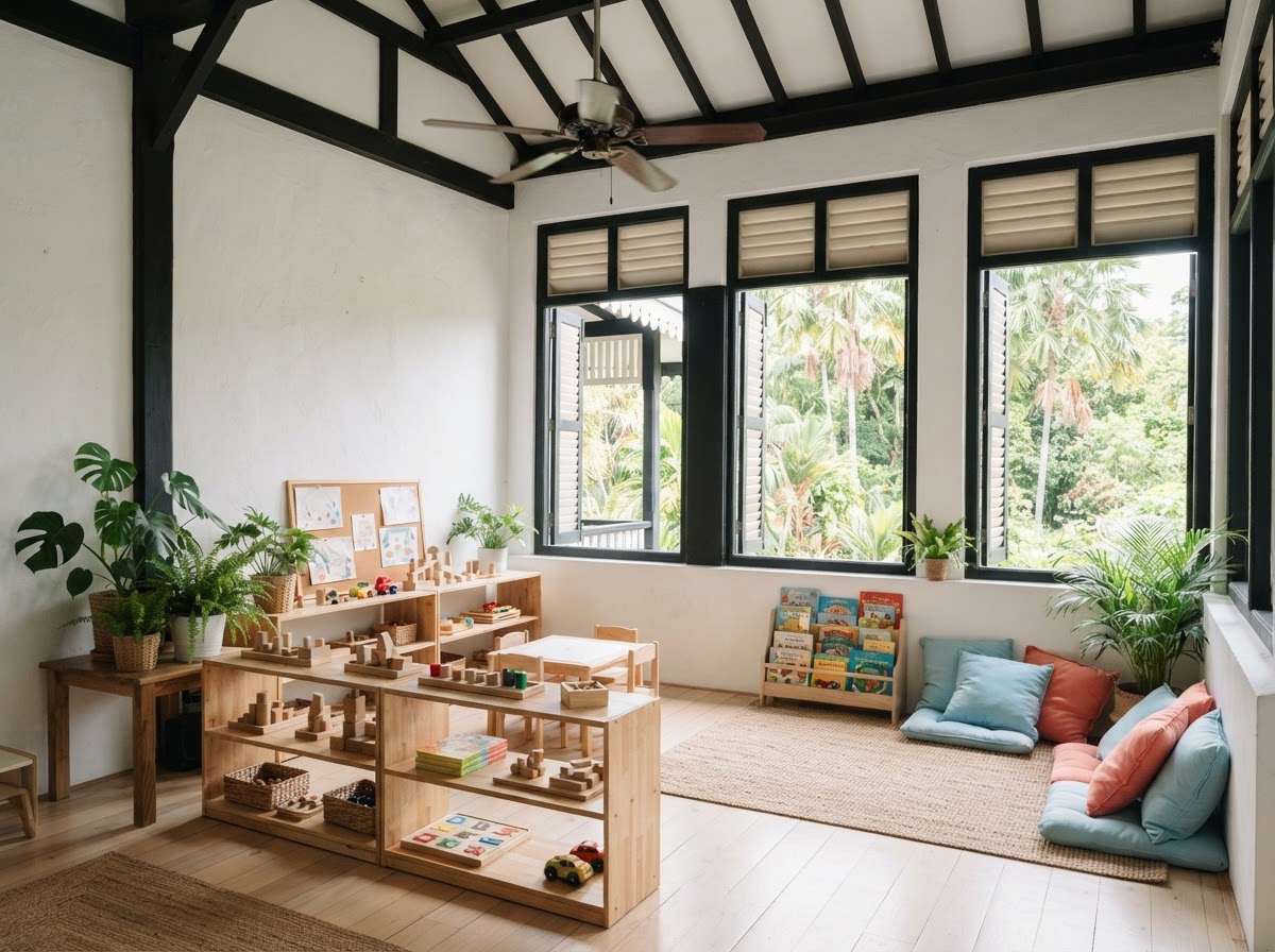 Bright playroom with tall louvred windows, ceiling fans, a wooden floor, low toy shelves and a reading nook with soft cushions