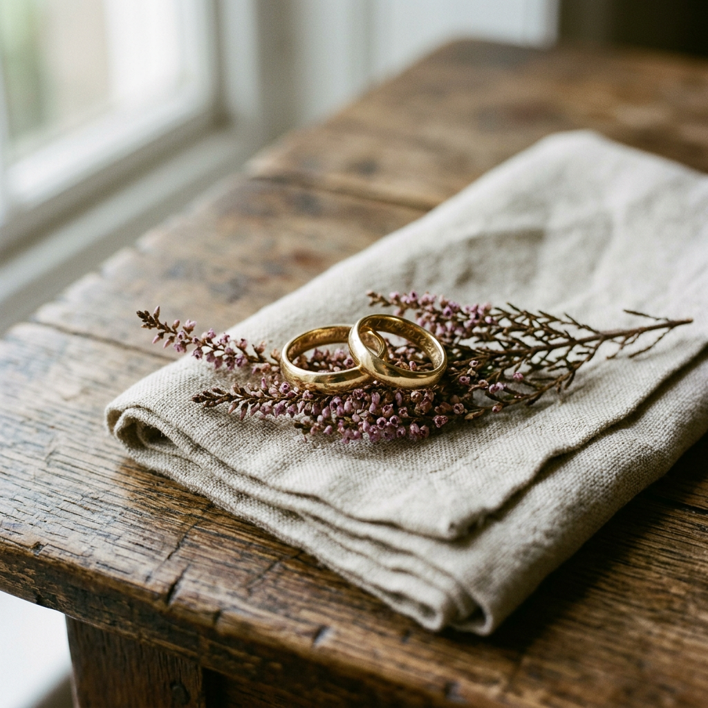 Two gold wedding rings resting on dried heather and folded linen.