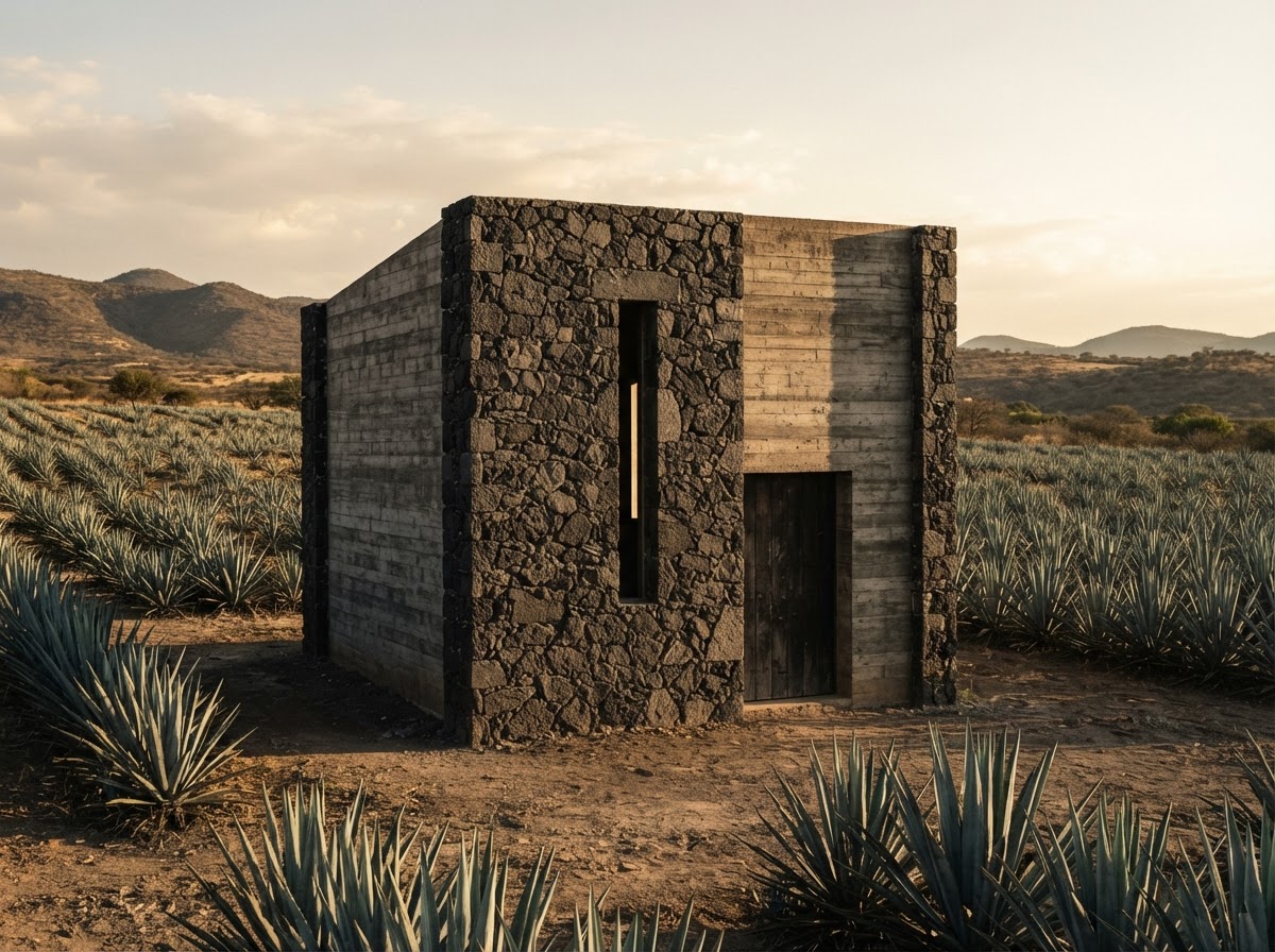 Dark volcanic stone and concrete chapel wall with a narrow vertical window, rows of blue agave around it.