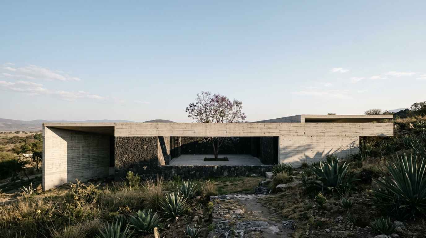 A long, low house of board-marked concrete and dark volcanic stone set into a dry hillside, a horizontal opening revealing a courtyard with a single tree in warm afternoon light.
