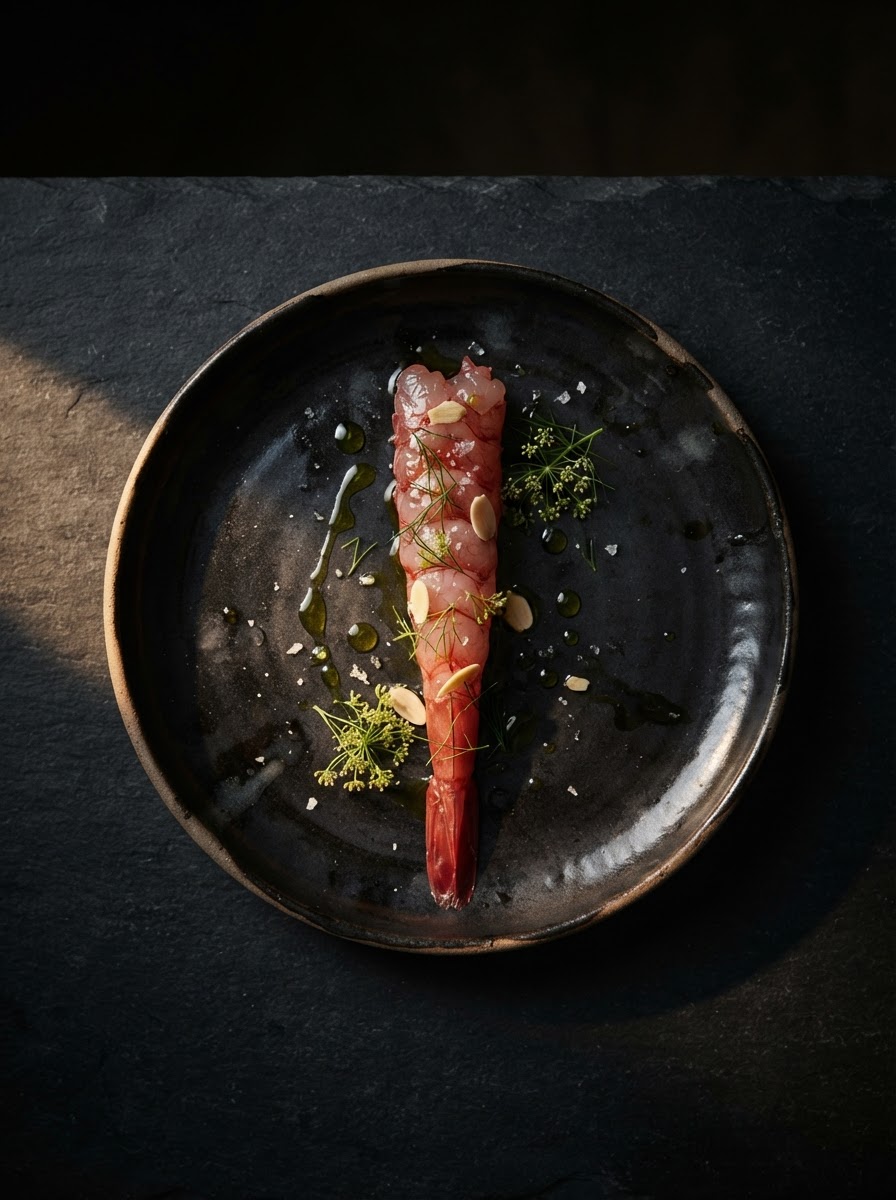 A raw red prawn with olive oil, fresh almond and fennel on a dark ceramic plate