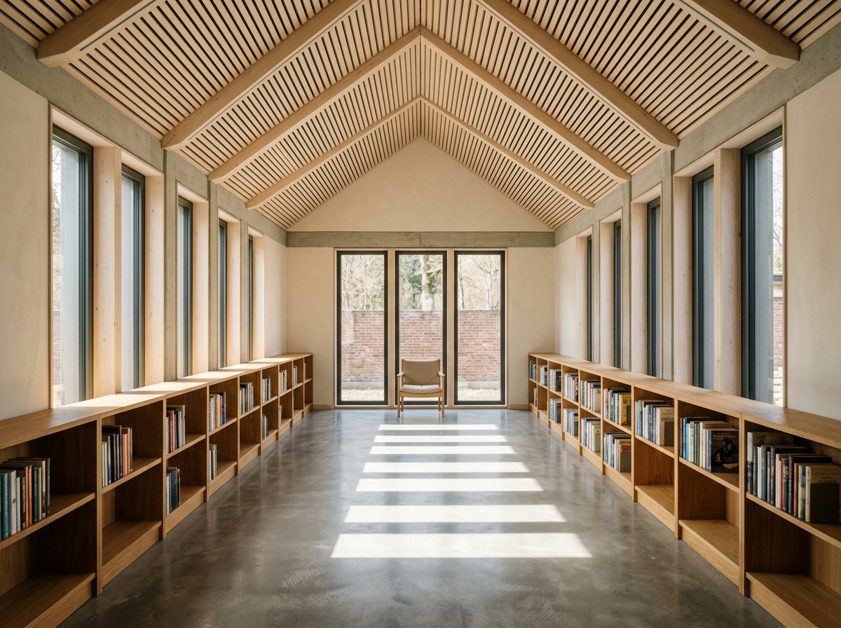 Reading room with pale timber ceiling slats, polished concrete floor and tall windows casting bands of daylight across low oak shelves.