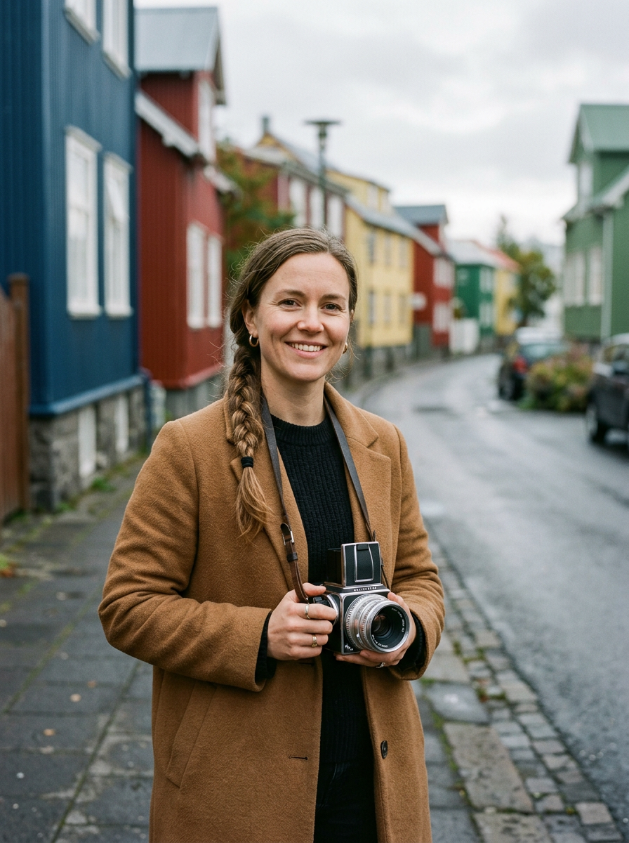 Sólveig Arnardóttir holding a medium-format film camera on a Reykjavík street.
