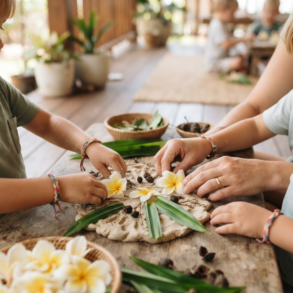 Children's hands pressing frangipani flowers and seed pods into clay, helped by a teacher