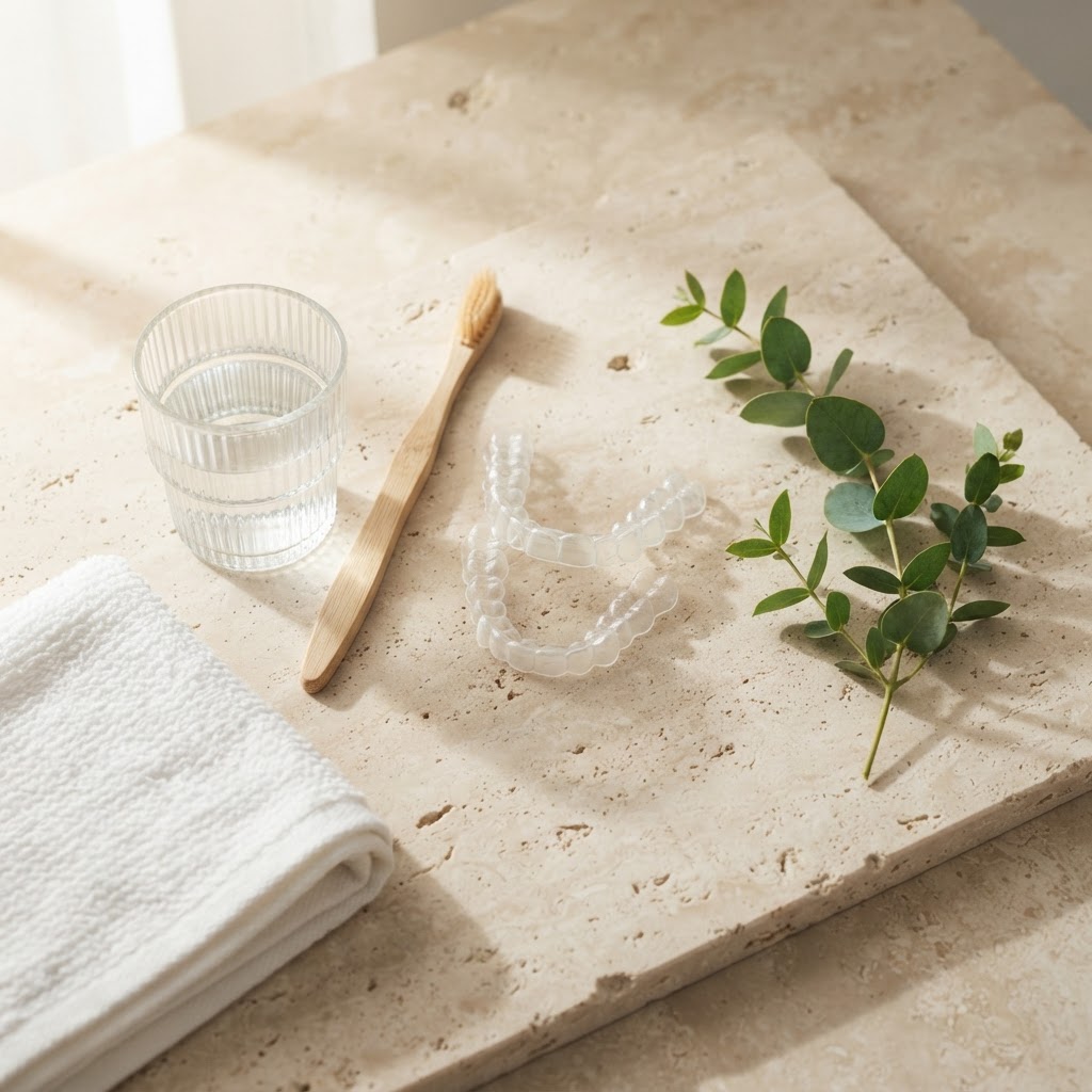 A clear aligner tray, a bamboo toothbrush and a glass of water on a travertine surface in soft morning light.