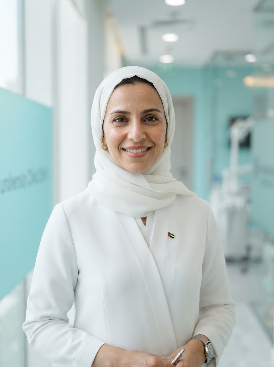 Dr Mariam Al Suwaidi, smiling, in a white hijab and clinic tunic.