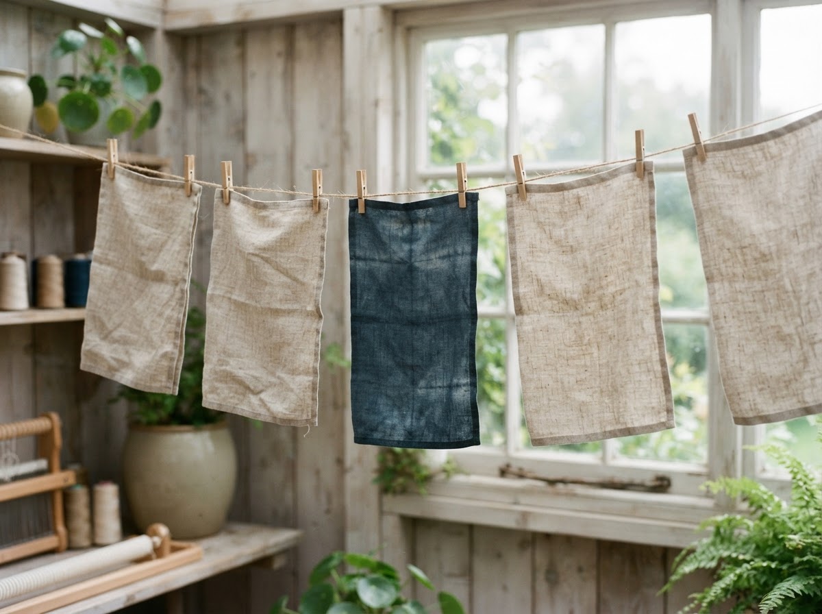 Linen swatches in natural and indigo drying on a line in soft backlight