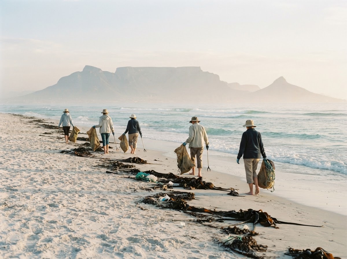 Volunteers seen from behind collecting plastic and rope along a white-sand beach, with a mountain in the haze beyond.