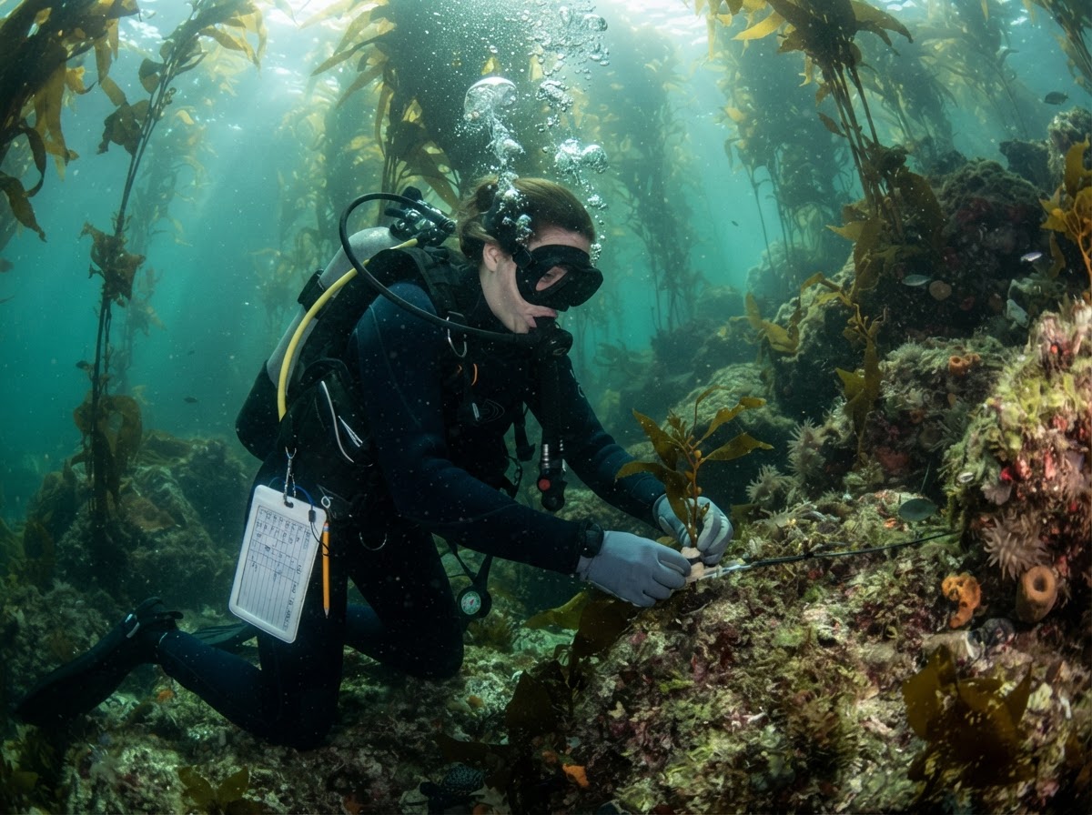 A scuba diver attaching a young kelp plant to a rocky reef inside a sunlit kelp forest.