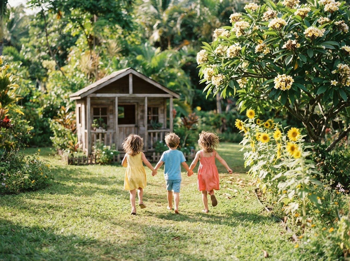 Three children, seen from behind, running hand in hand across the sunny garden toward the wooden playhouse, sunflowers alongside