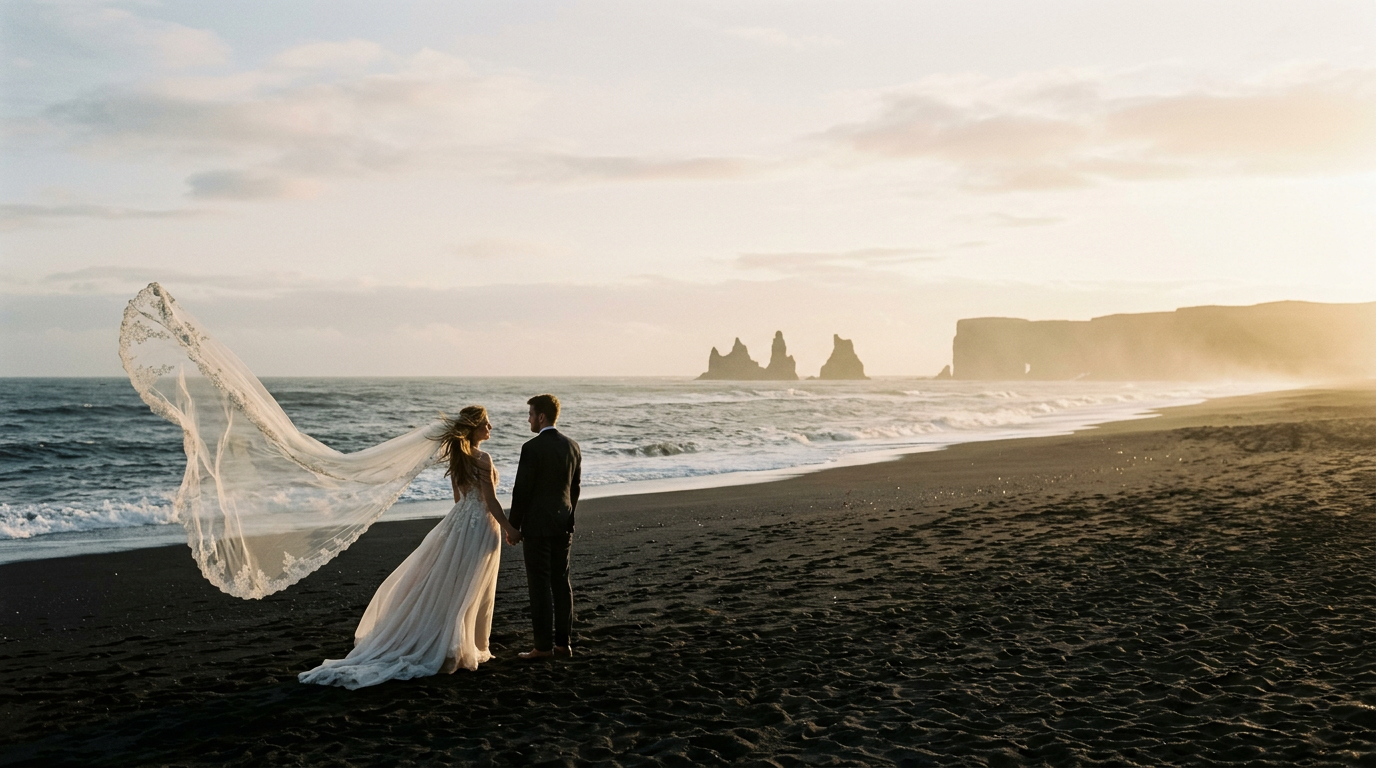 A bride's veil catching the wind on a black sand beach, sea stacks behind.