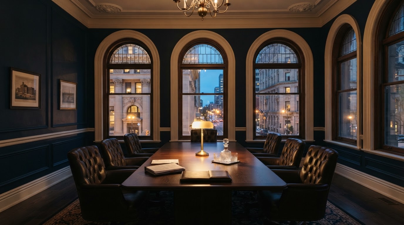 A quiet conference room in the firm's King Street office, looking out over heritage stone buildings at dusk