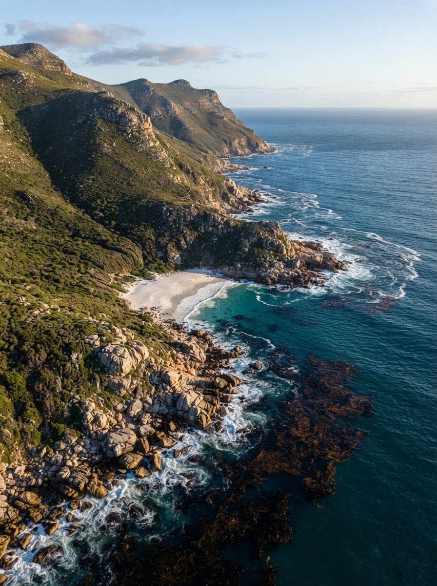Aerial view of the rugged Cape coastline: fynbos slopes, granite boulders, a small white cove and dark kelp beds under deep blue water.