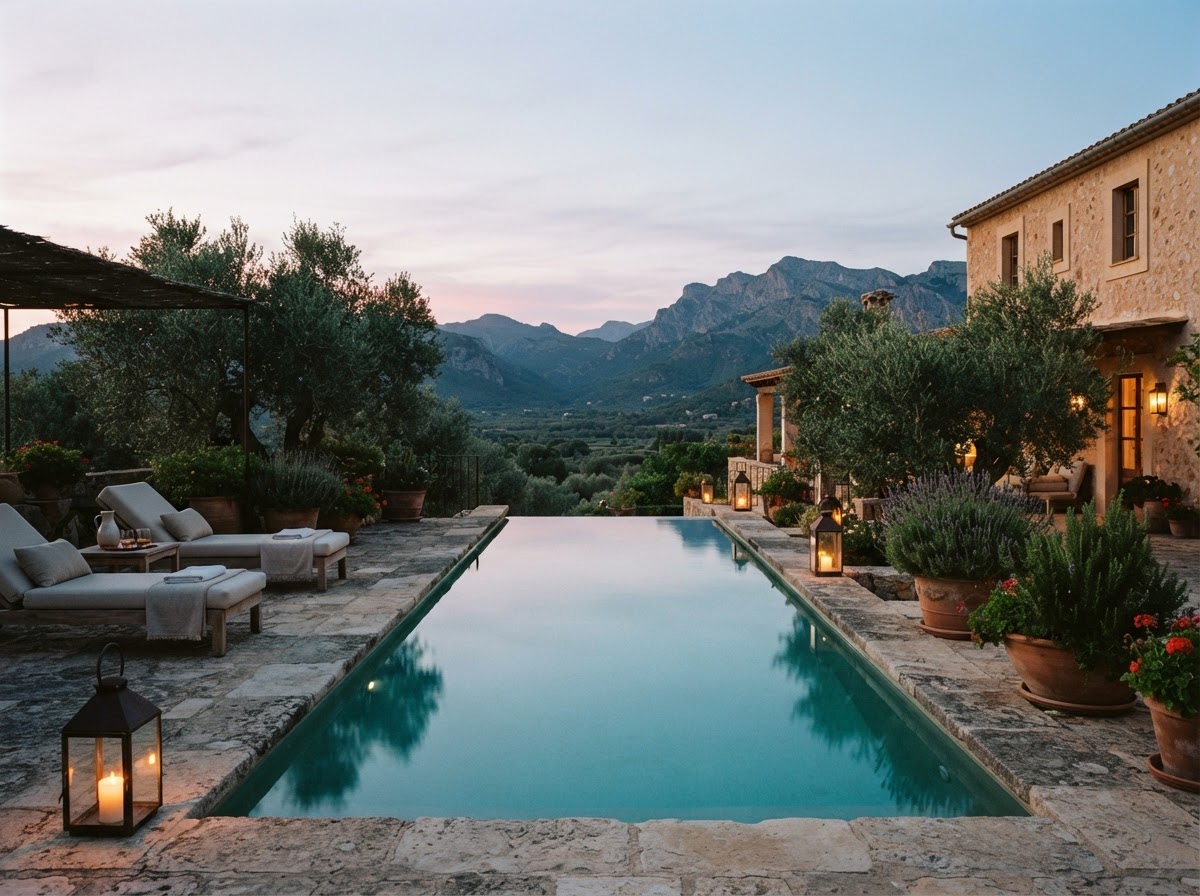 Saltwater pool on a stone terrace at dusk, overlooking the valley and mountains, with olive trees and warm lanterns
