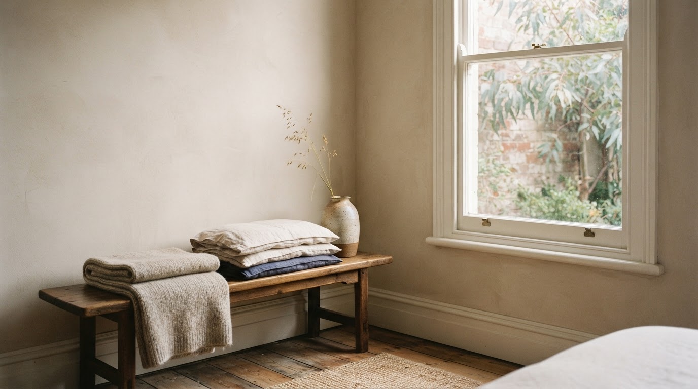 A blackwood bench with a folded oat wool throw and stacks of linen bedding in natural and indigo, beside a stoneware vase