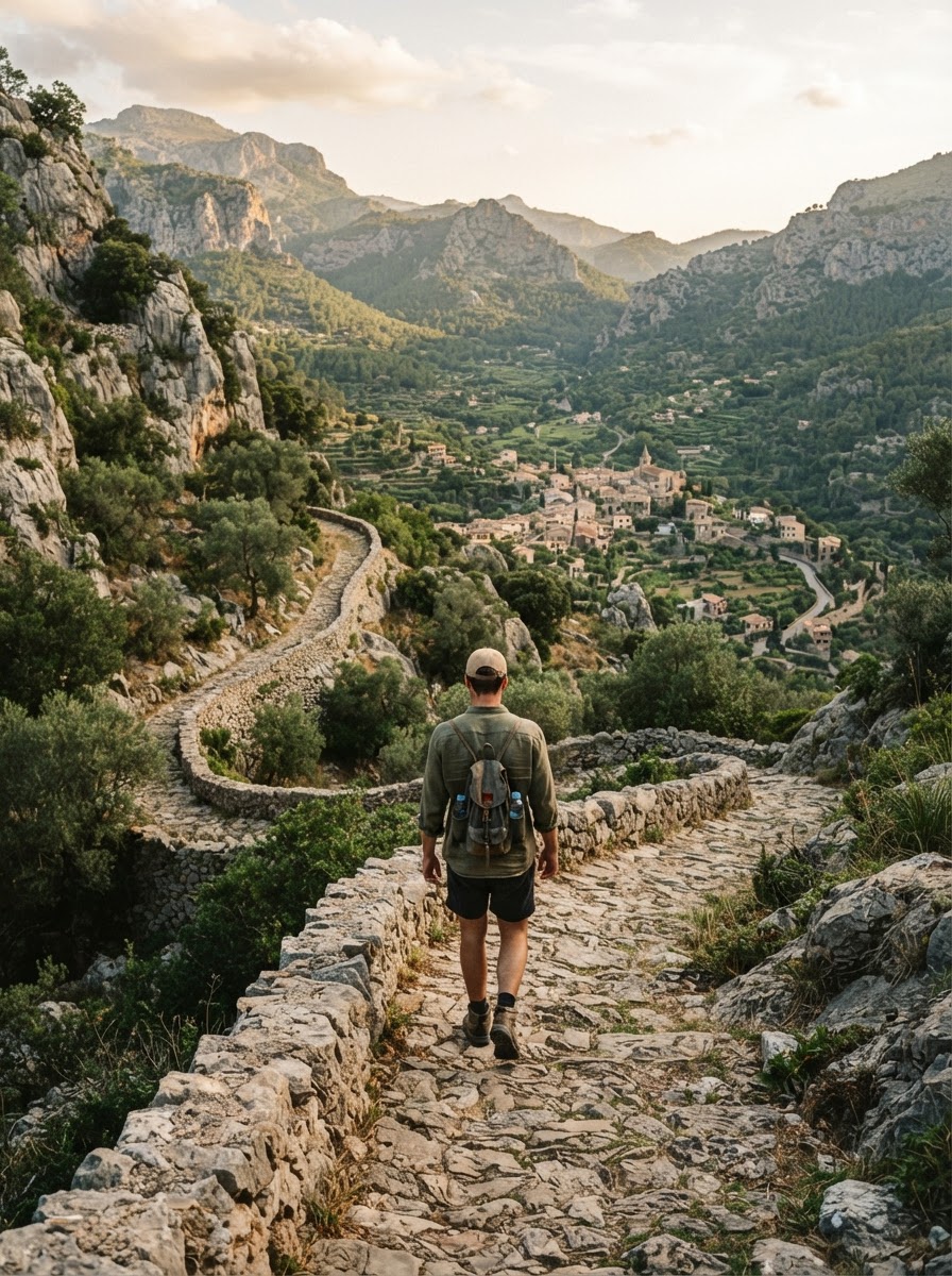 A hiker on an old dry-stone mountain path high above the Sóller valley, limestone peaks and holm oaks around