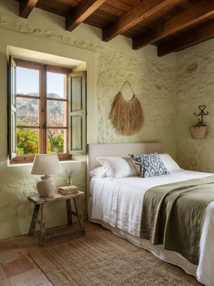 Stone-walled guest room with a white linen bed, an olive-green throw and open shutters framing orange groves and mountains