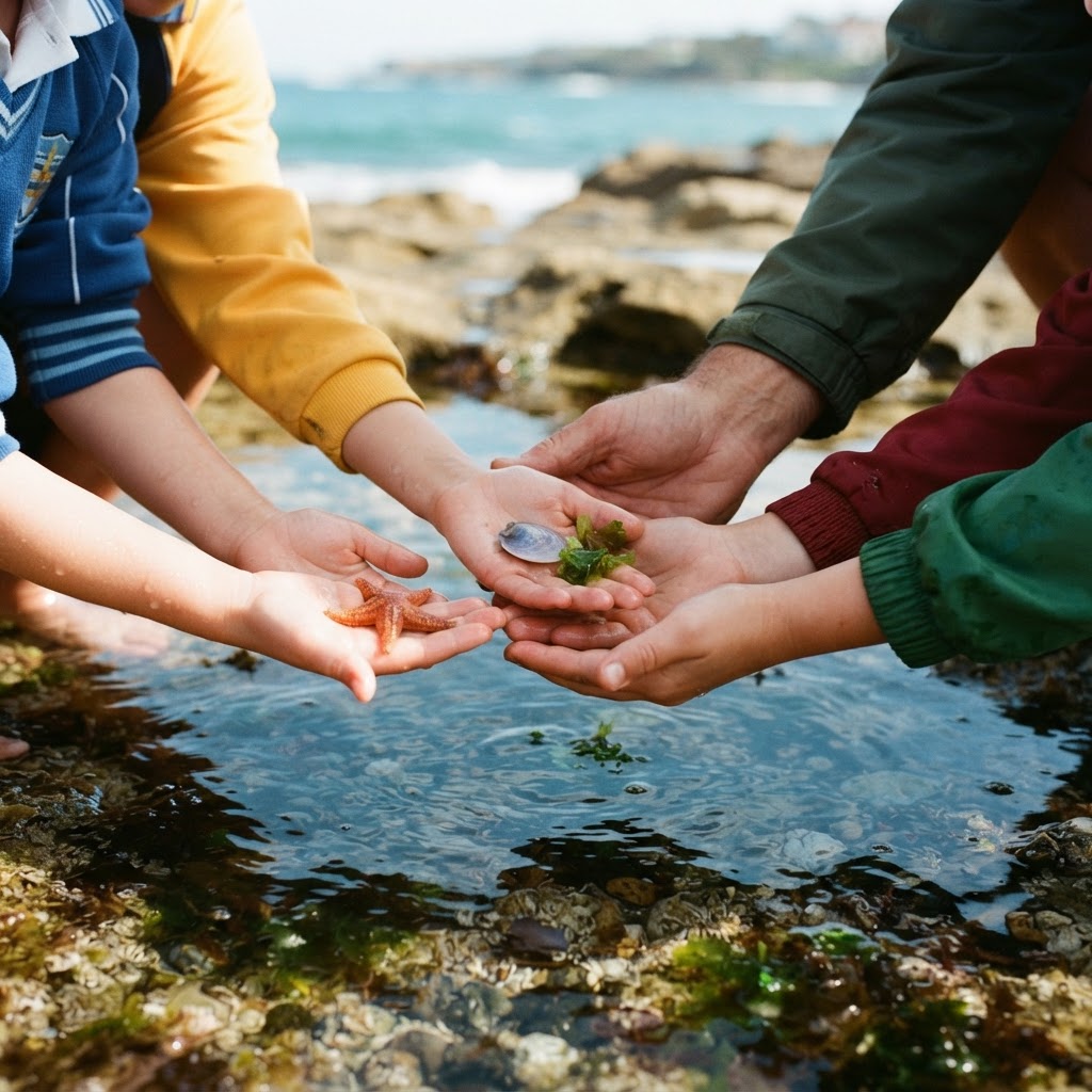 Children’s hands holding a small starfish, a shell and green sea lettuce above a clear rock pool.