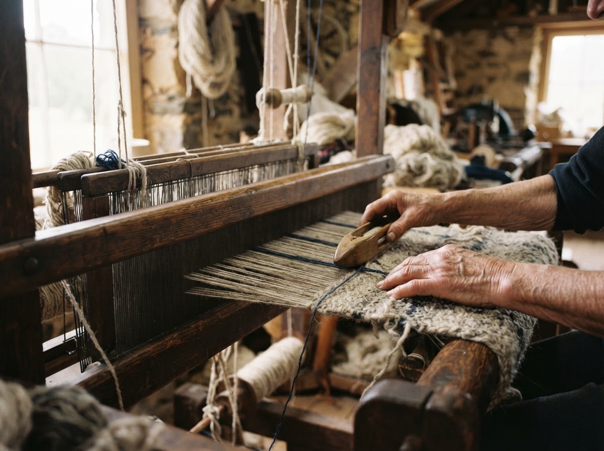 Hands weaving undyed wool on a wooden floor loom