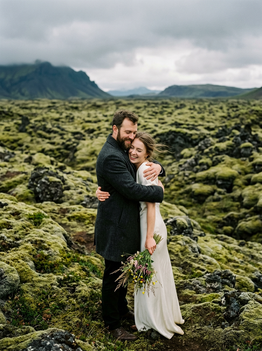 A couple embracing in a moss-covered lava field in the Icelandic highlands.