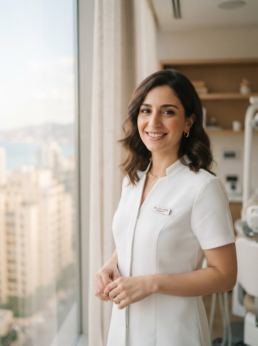 Dr Nour Haddad, with shoulder-length brown hair and a white tunic, beside a sunlit window.