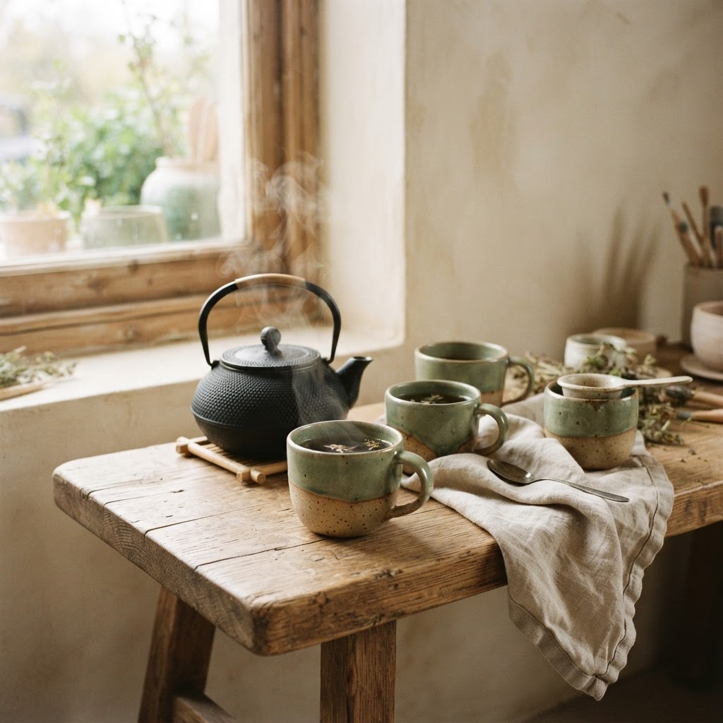 Handmade ceramic cups in clay and sage glazes beside a steaming teapot on a wooden bench.