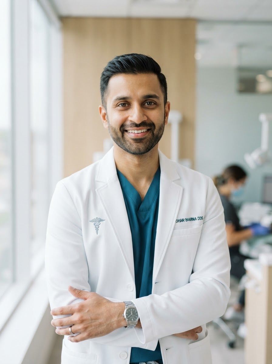 Dr Rohan Menon, in teal scrubs and a white coat, with a relaxed smile.
