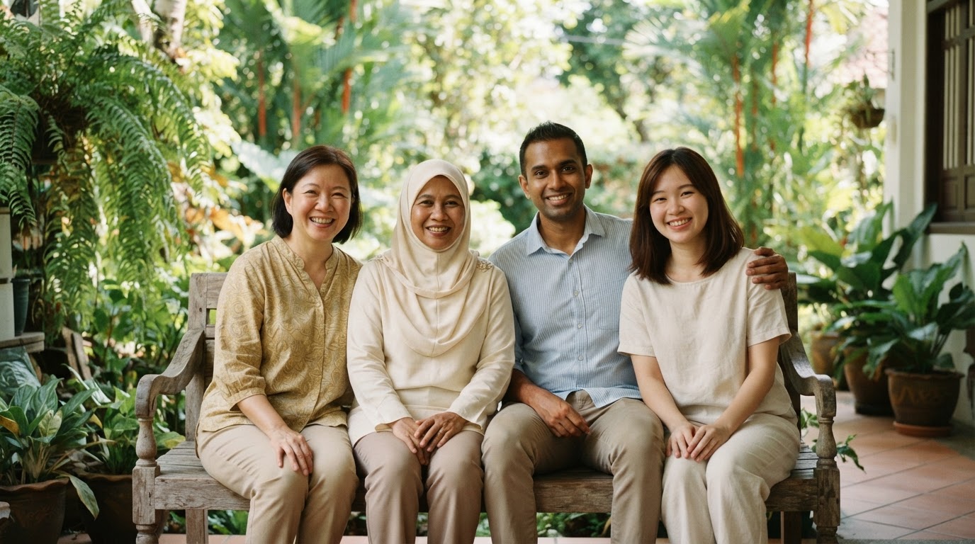 Four Little Sunflower teachers smiling on a wooden bench on the shaded veranda