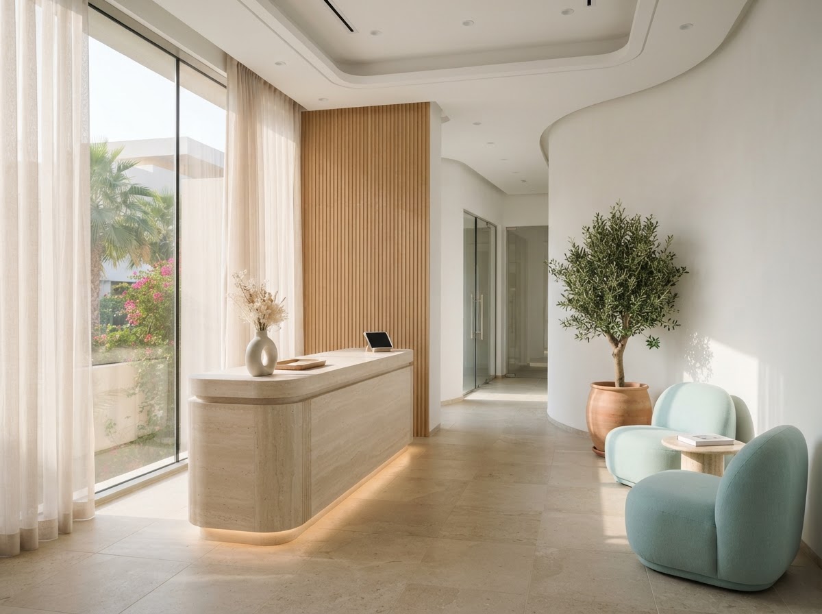 The bright reception of Lumen Dental Clinic: curved white walls, a travertine counter, an olive tree and soft aqua chairs in morning light.