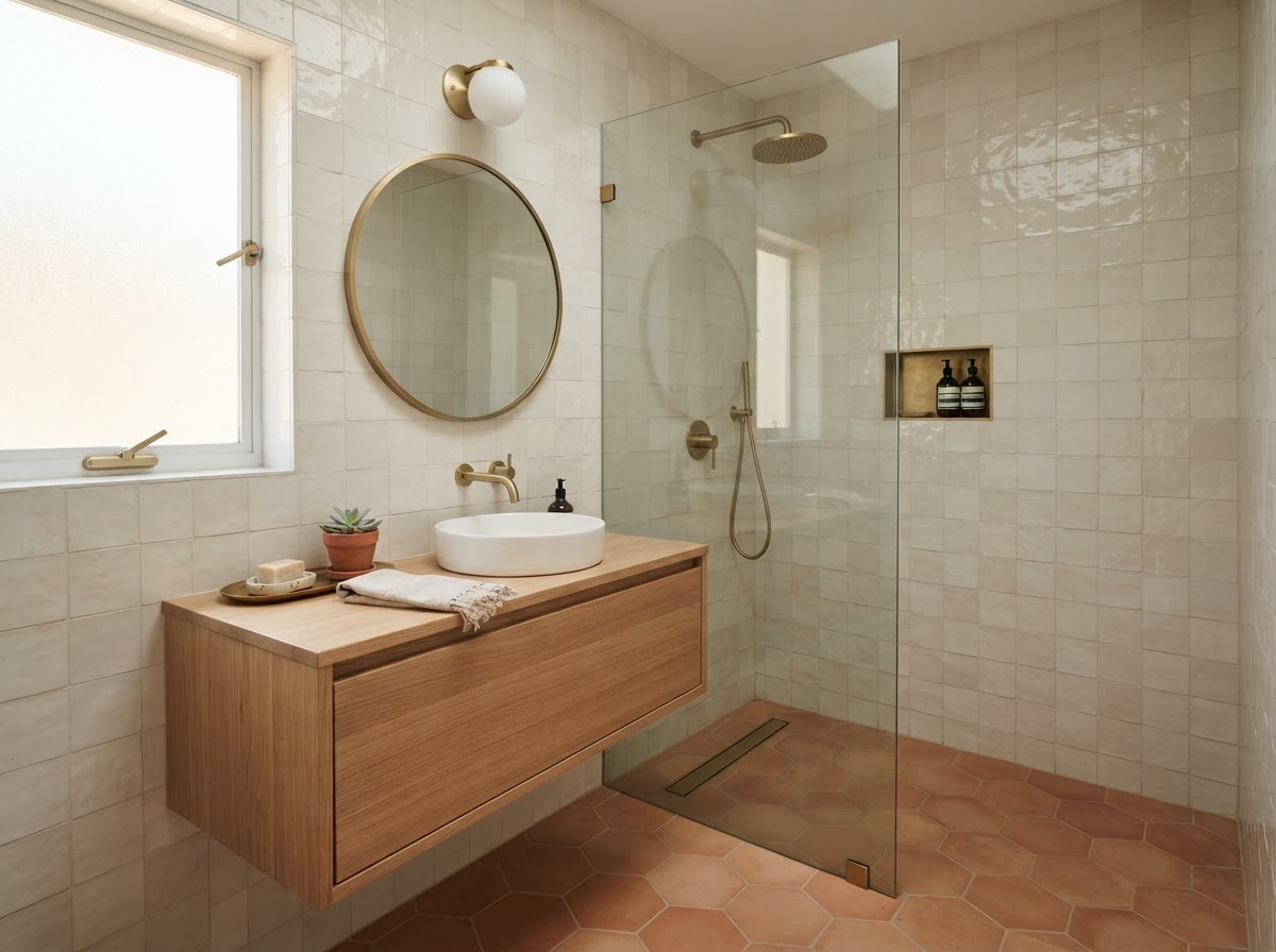 After: a curbless walk-in shower with off-white handmade tile, a terracotta hexagon floor and a floating white oak vanity.