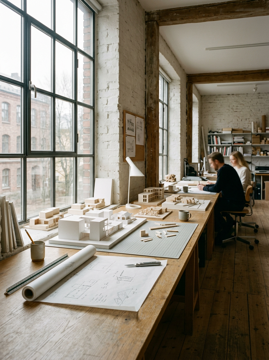 Long oak worktable with white card architectural models and trace paper, in a studio with whitewashed brick walls and tall steel windows.