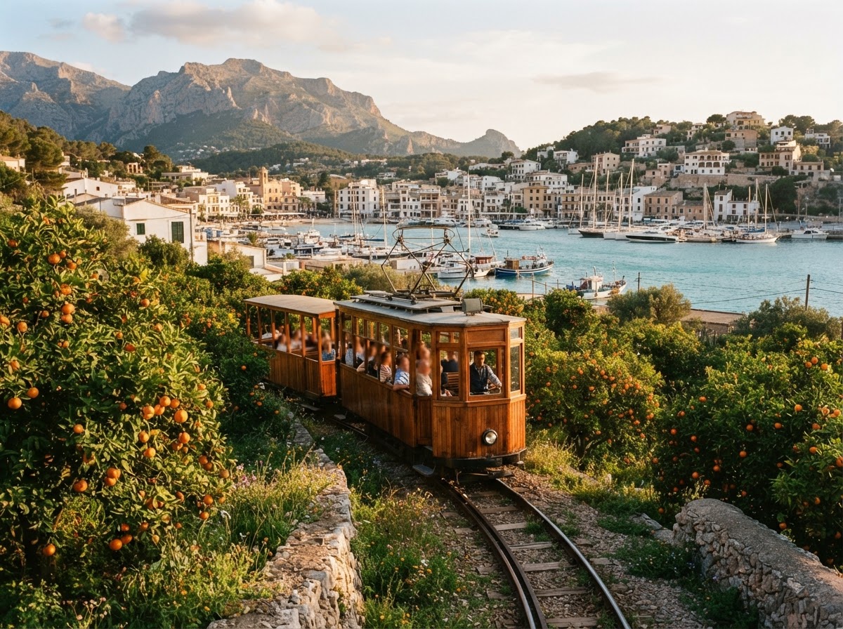 A vintage wooden tram rolling through orange groves towards the harbour at Port de Sóller