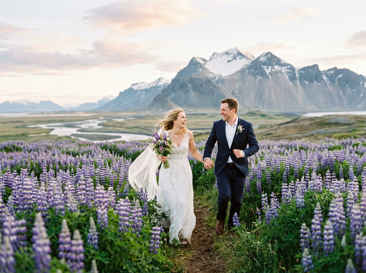 A couple running hand in hand through purple lupines beneath a snowy mountain.