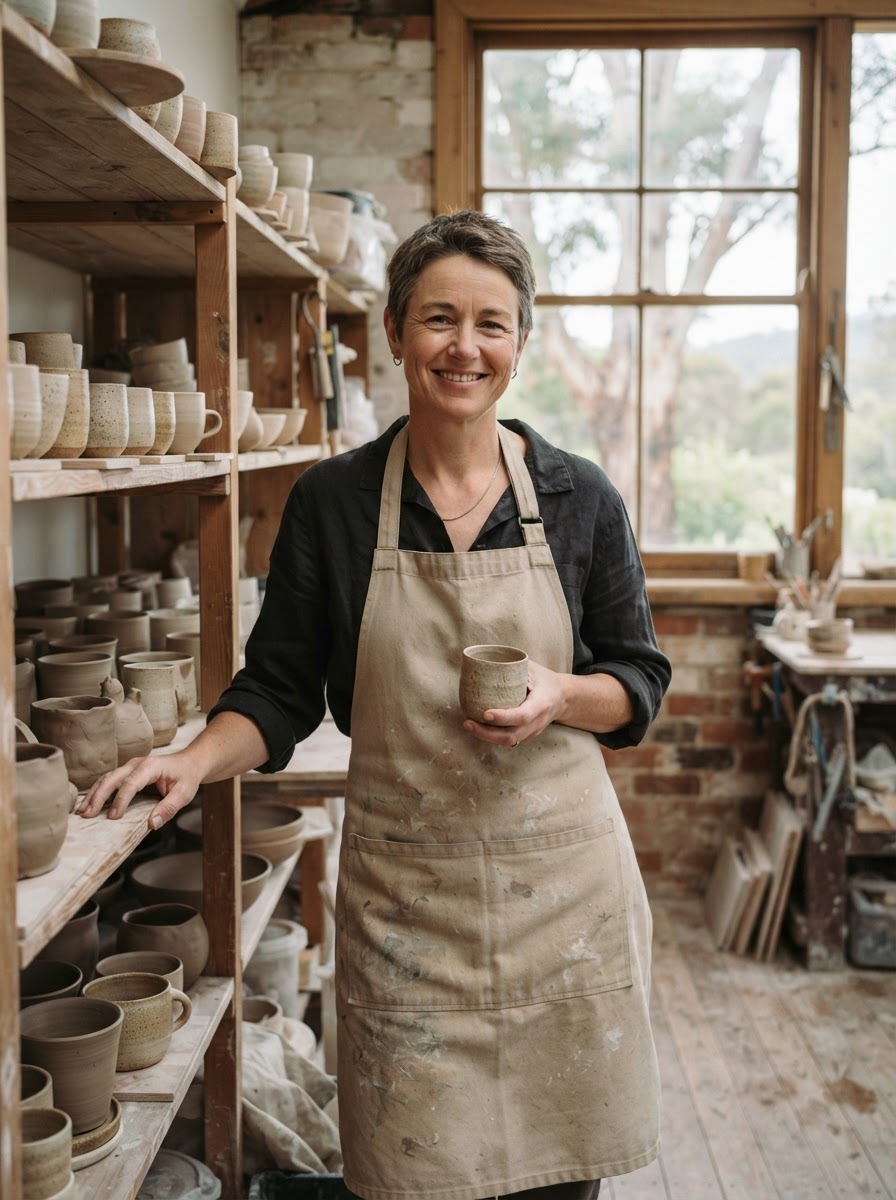 Ceramicist Tessa Marlow in her studio beside shelves of unglazed cups and bowls