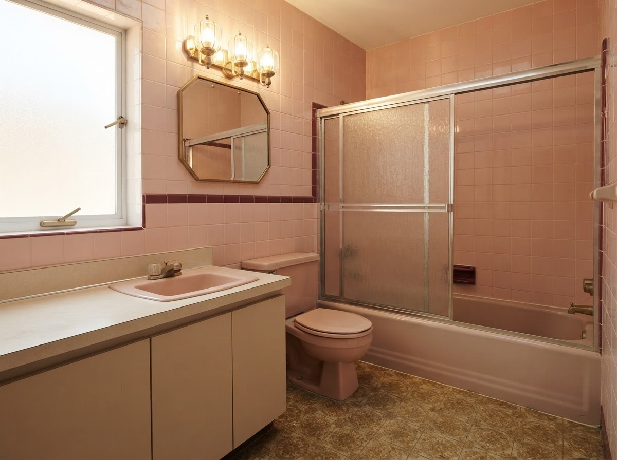 Before: a small 1970s bathroom with pink wall tile, a chipped tub and frosted sliding shower doors.
