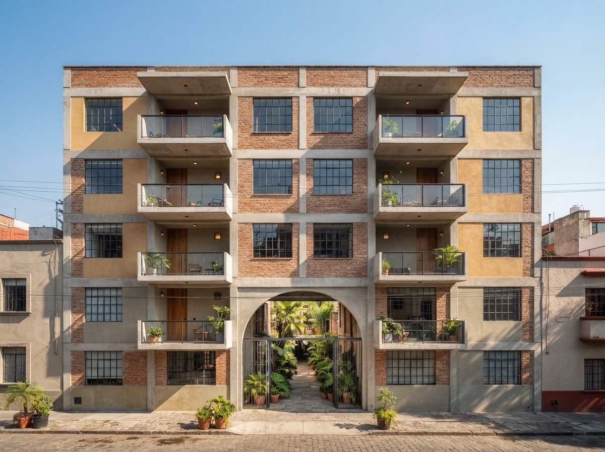 Former textile factory facade of lime plaster and brick with new concrete balconies inserted in a regular rhythm.