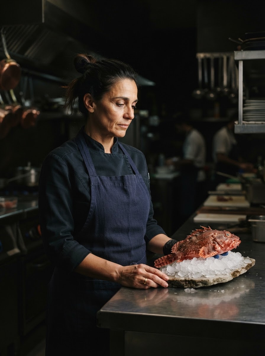 Chef Aina Ferrer Bestard at the kitchen pass holding a whole red scorpionfish on ice