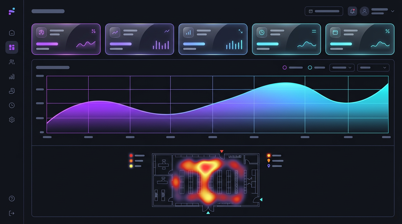 The Pulse live dashboard showing a real-time sales curve, store KPI cards and a footfall heat map of a shop floor.