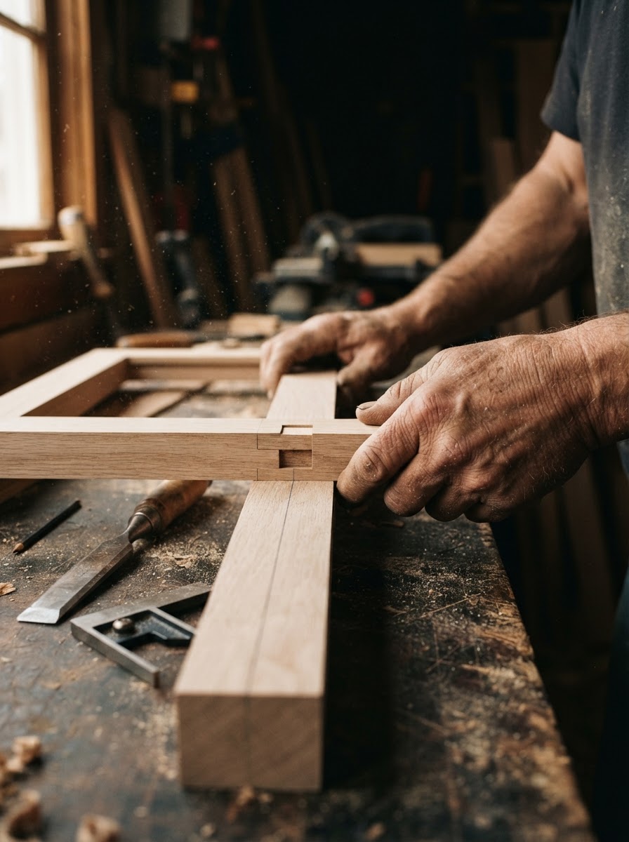 A carpenter’s hands fitting a white oak cabinet frame with a chisel and steel square on the bench.