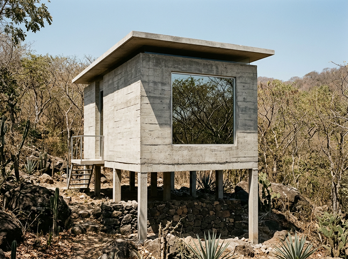 Compact concrete house raised on slender piers in dry tropical forest, with one large square window framing the trees.