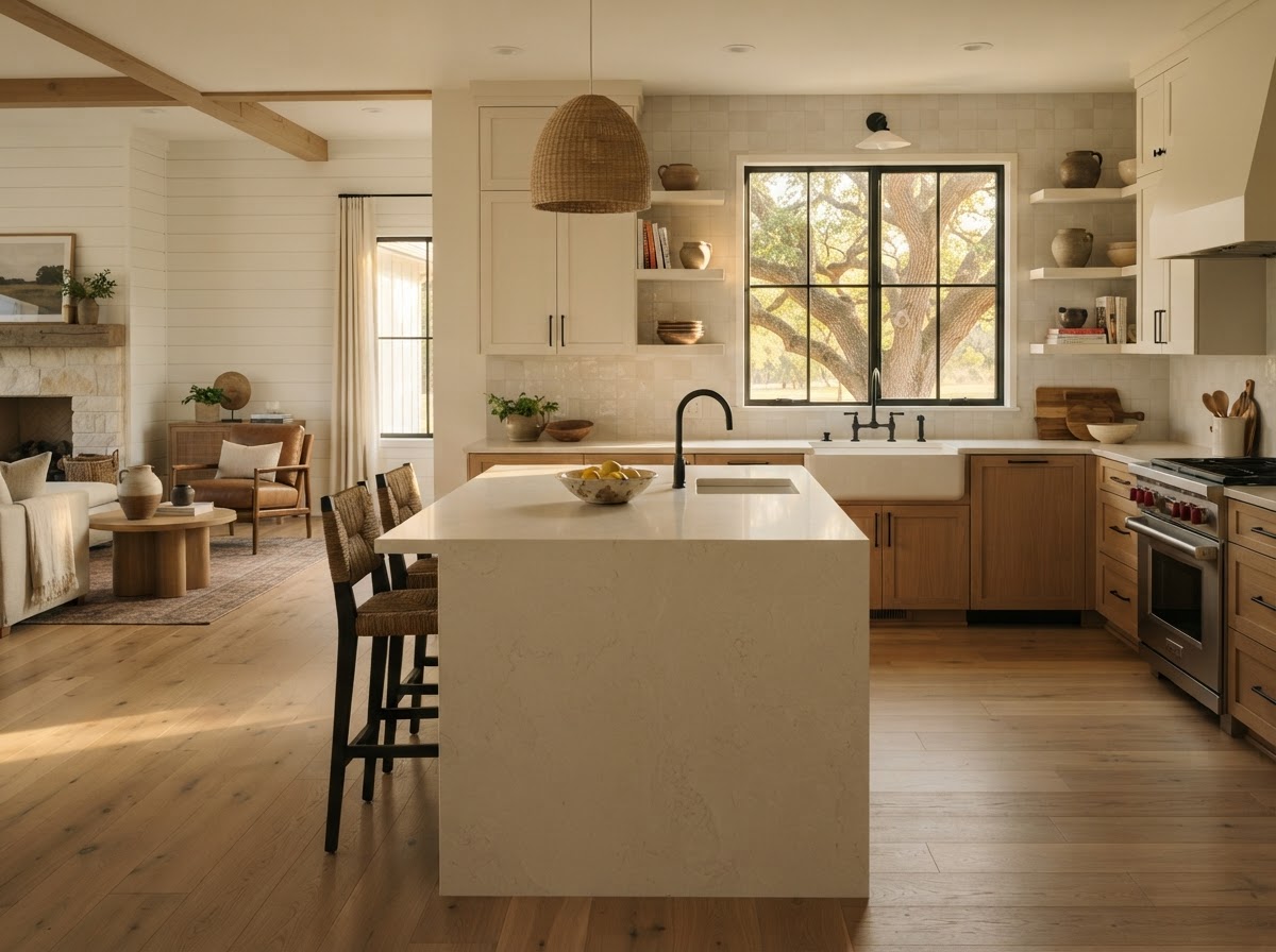 After: an open kitchen with white oak lower cabinets, an island with a pale quartz top and a new window over the sink.